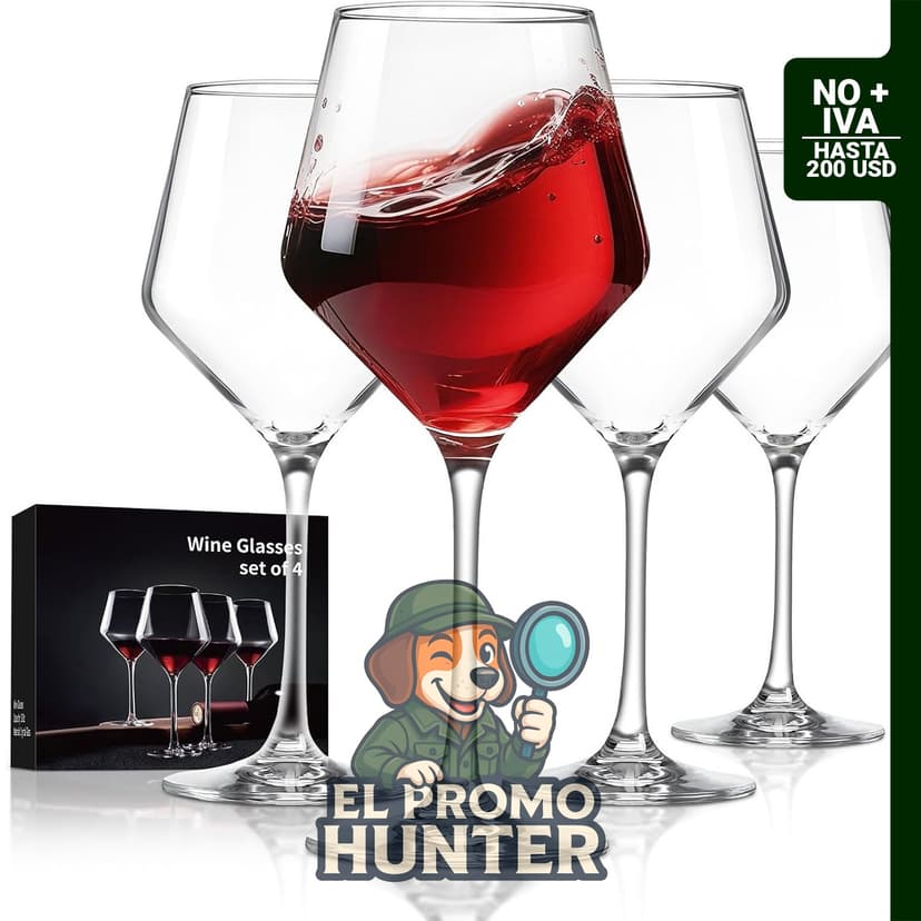 Juego de 4 copas de vino de cristal sopladas a mano, capacidad de 16 oz (473 ml).