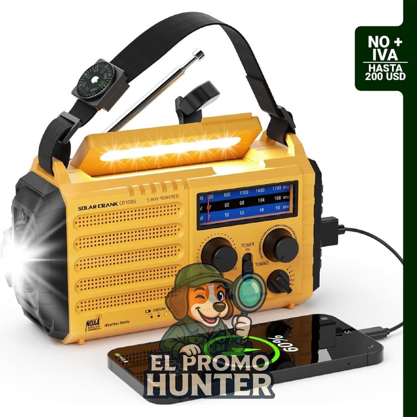 Radio meteorológica portátil AM/FM/SW/NOAA con 5 formas de alimentación y cargador para teléfono.