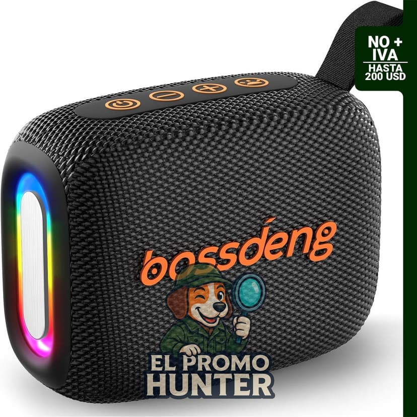 Altavoz Bluetooth portátil impermeable con luces y cordón, negro.
