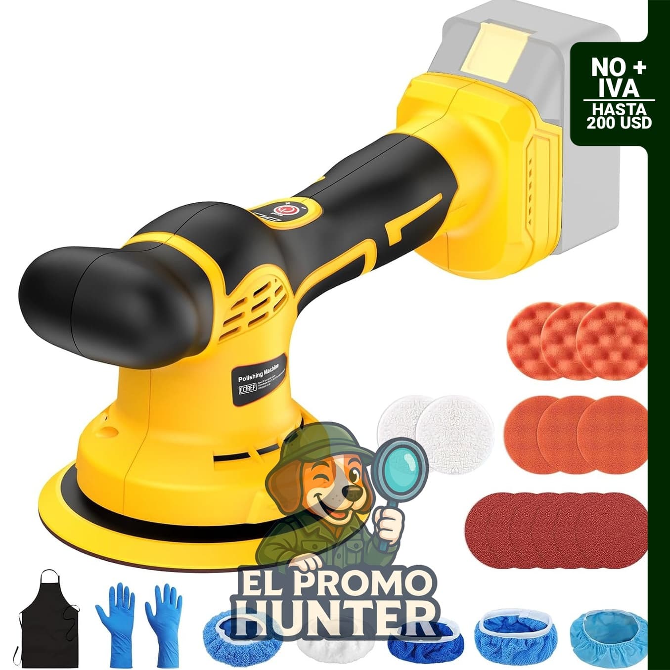 Pulidor inalámbrico Synxiter de 6 pulgadas, compatible con batería DEWALT de 20 V, 9 velocidades, 1800-7200 RPM.