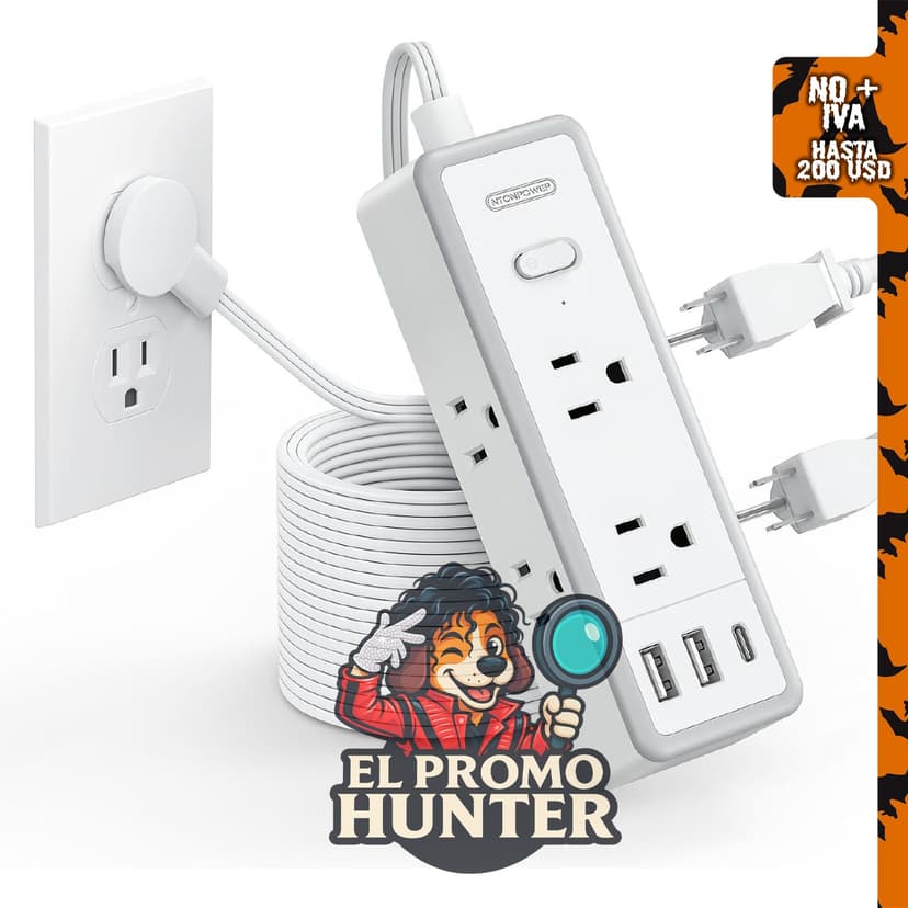 NTONPOWER Protector de sobretensiones de 1080J, cable de extensión de 10 pies con 6 salidas y 3 puertos USB (1 USB C).