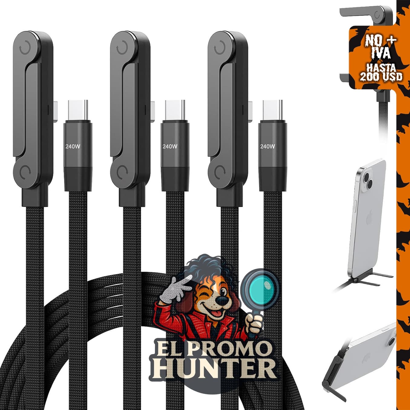 Paquete de 3 cables USB C a USB C, 240 W, 5 pies, trenzado de nailon, con soporte de teléfono en ángulo recto.