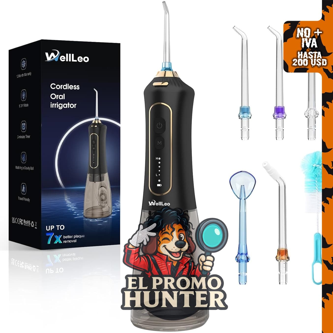 WellLeo irrigador oral inalámbrico recargable de 300 ml, con 5 modos y 5 puntas de chorro.