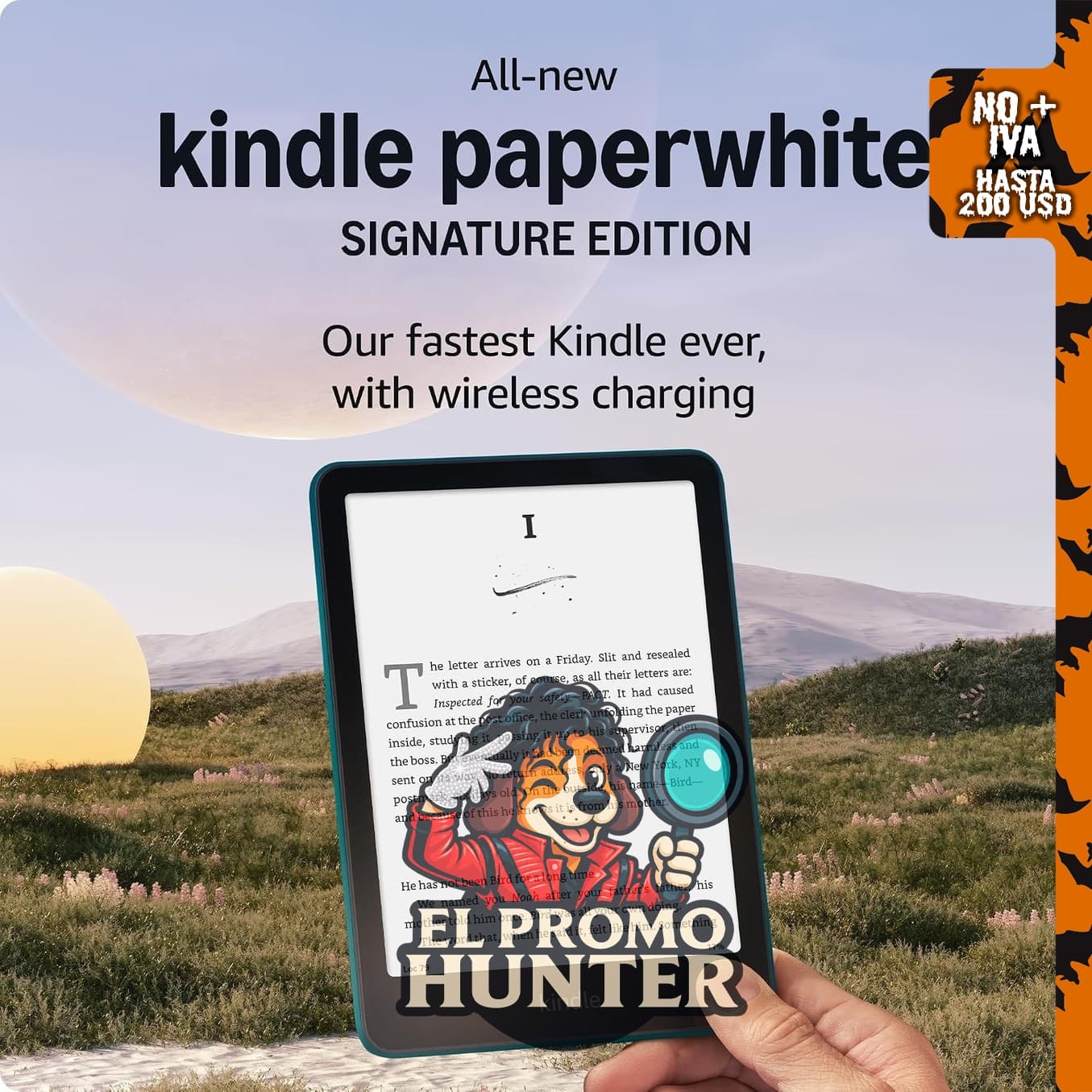 Amazon Kindle Paperwhite Signature Edition 32 GB con funda de piel vegetal y estación de carga inalámbrica.