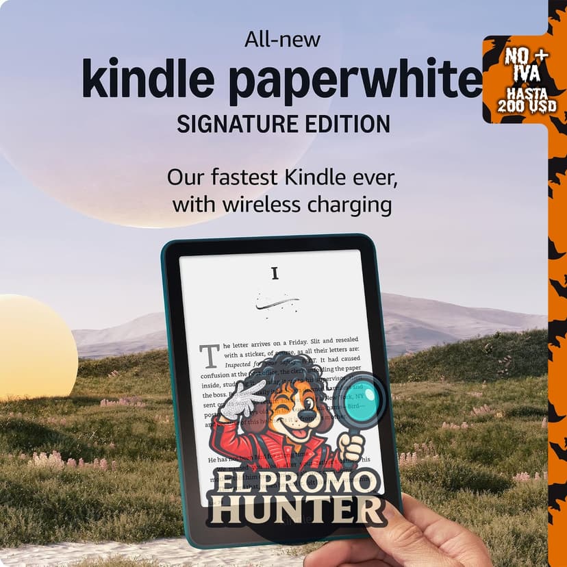 Amazon Kindle Paperwhite Signature Edition 32 GB con funda de piel vegetal y estación de carga inalámbrica.