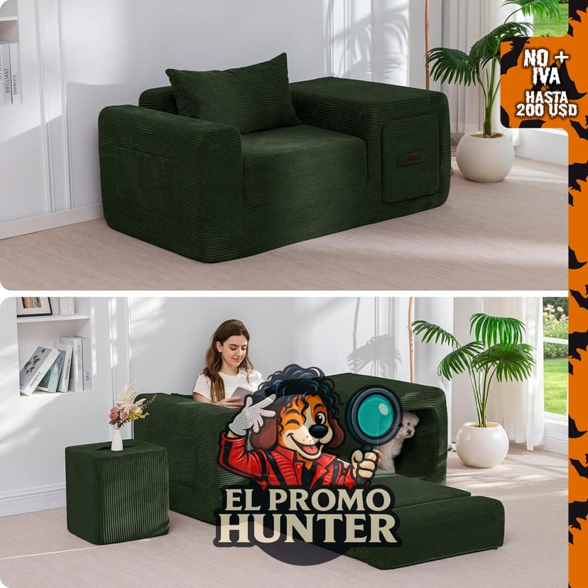 Sofá plegable MAXYOYO, convertible con reposabrazos y bolsillos, incluye almohada.