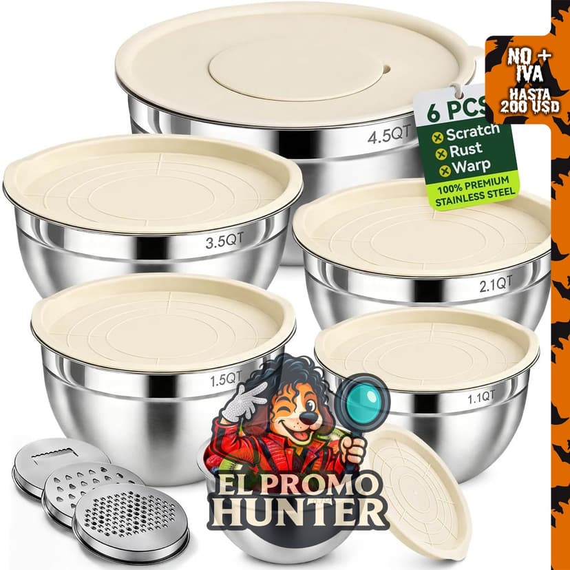 Juego de tazones para mezclar de acero inoxidable, ideal para preparación de alimentos.
