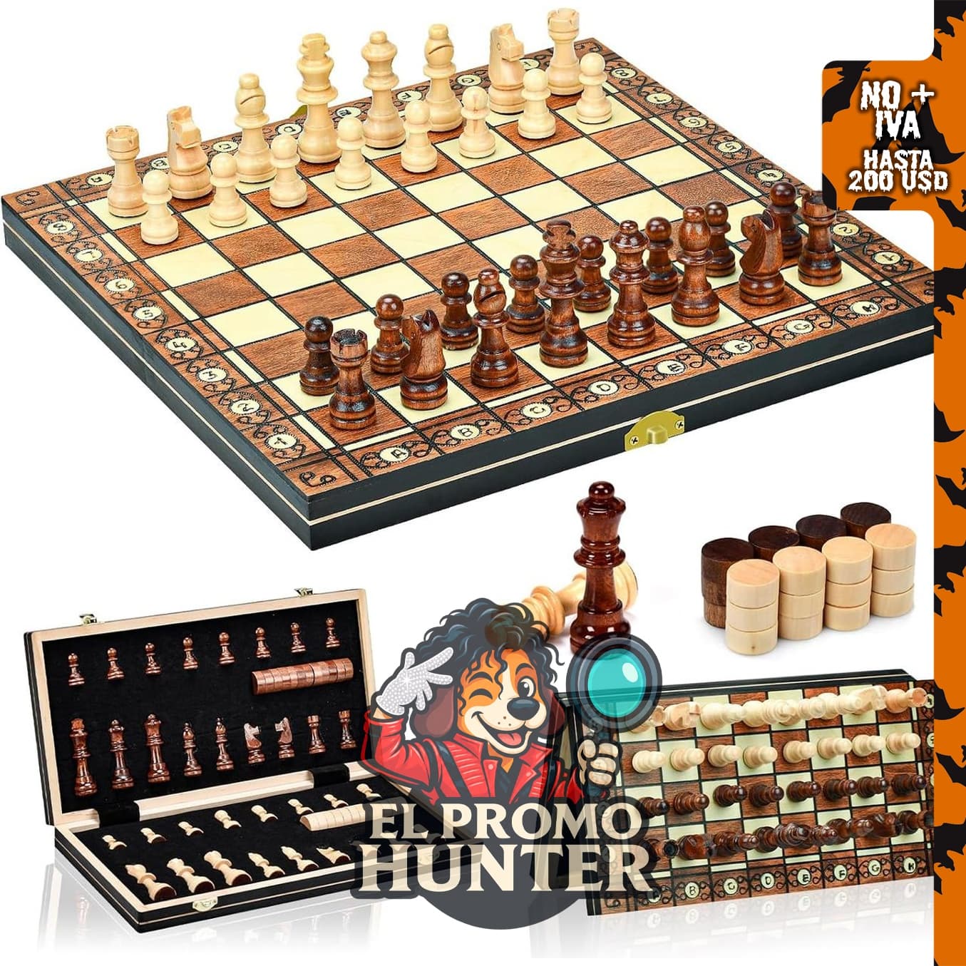 Juego de ajedrez magnético de madera de 15 pulgadas, plegable y con almacenamiento.