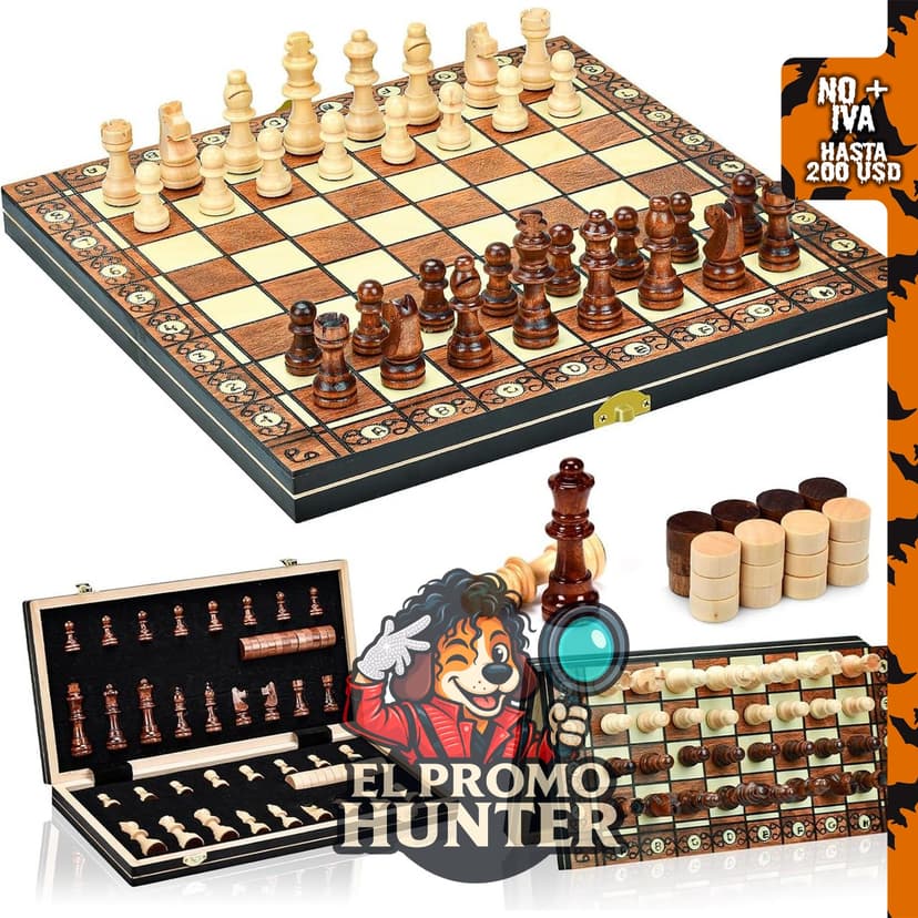Juego de ajedrez magnético de madera de 15 pulgadas, plegable y con almacenamiento.