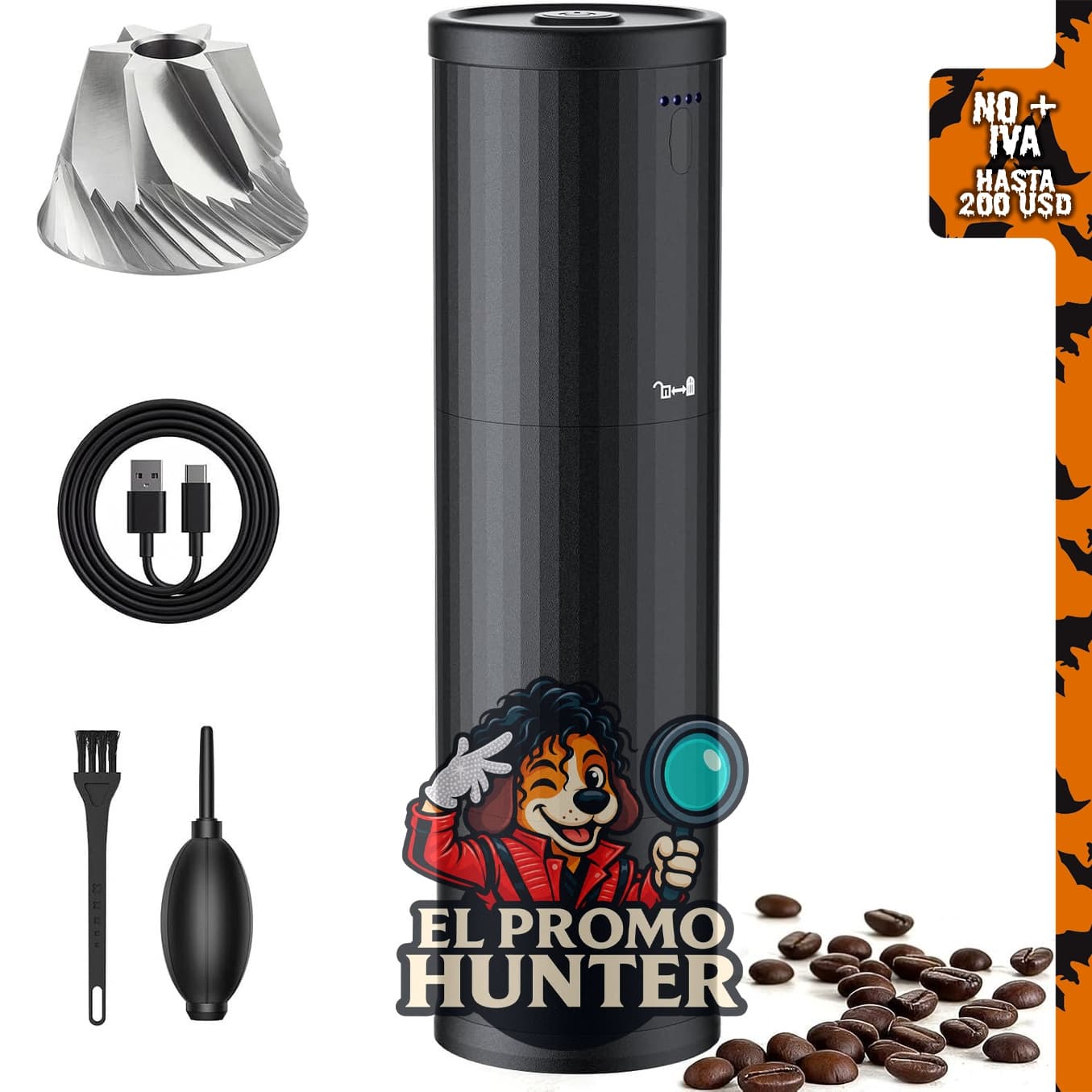 Molinillo portátil de grano de café, cuerpo de metal, para viajes.