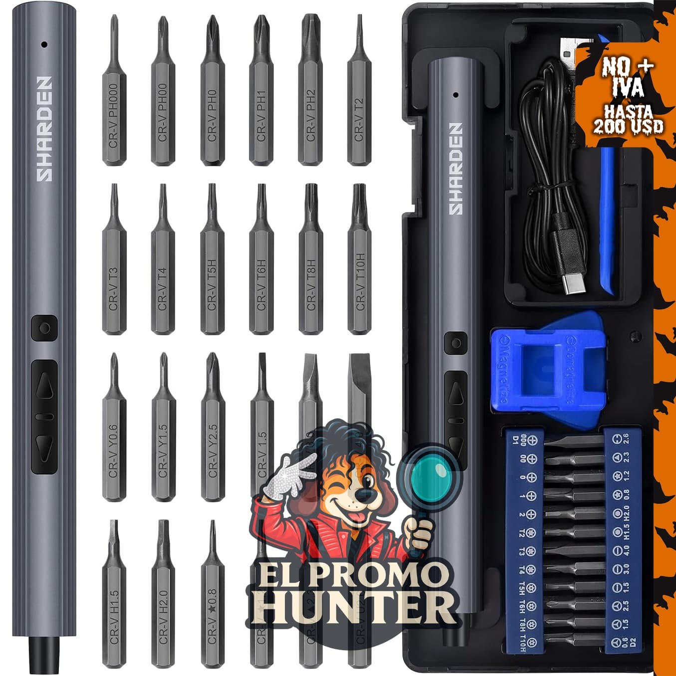 SHARDEN Mini destornillador eléctrico 29 en 1 con 24 puntas magnéticas, herramienta inalámbrica de precisión.