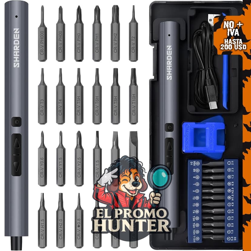 SHARDEN Mini destornillador eléctrico 29 en 1 con 24 puntas magnéticas, herramienta inalámbrica de precisión.