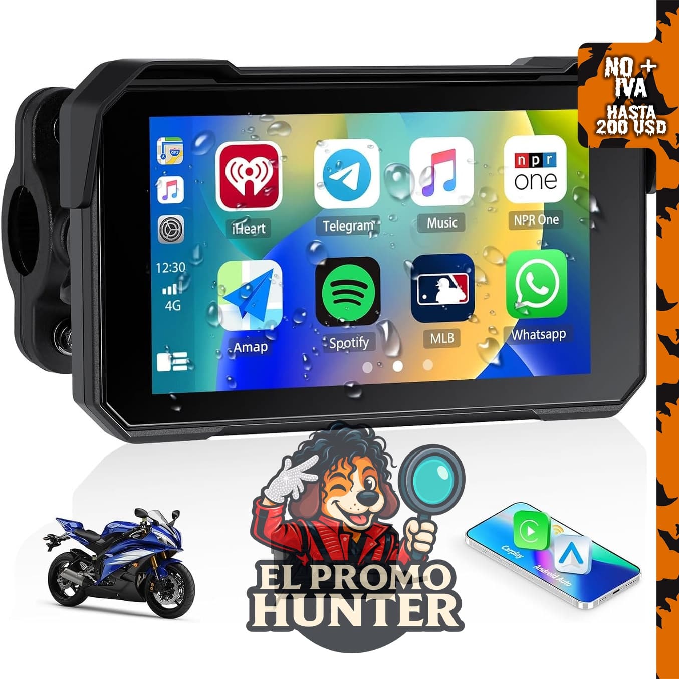 Pantalla CarPlay para motocicleta de 5" (12.7 cm) con Bluetooth y puerto TF, impermeable.