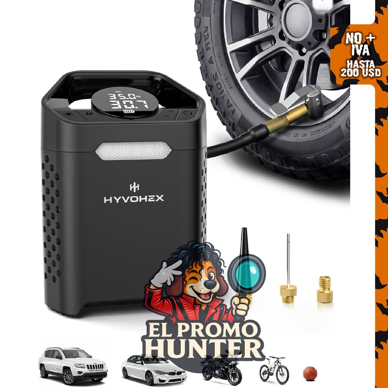 Compresor de aire portátil de 160 PSI, inflador inalámbrico con medidor digital y luz LED.