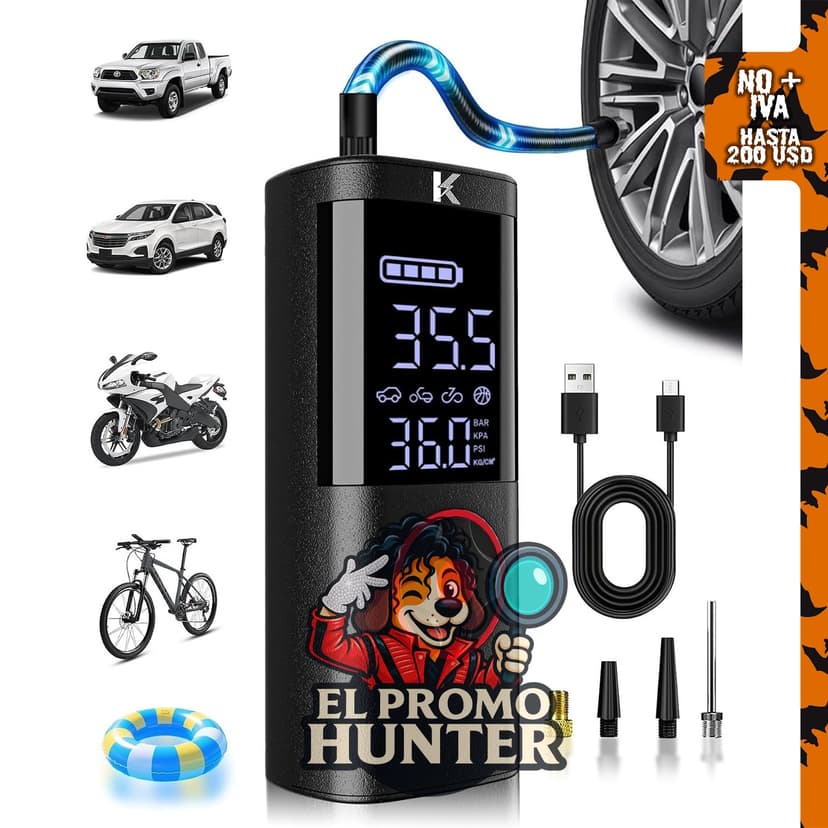 Compresor de aire portátil KASPARMP para inflar neumáticos de coche.