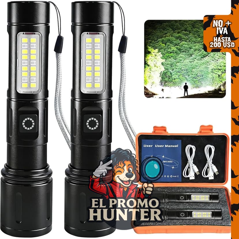 Jercoda Linterna LED recargable, paquete de 2, portátil y brillante.