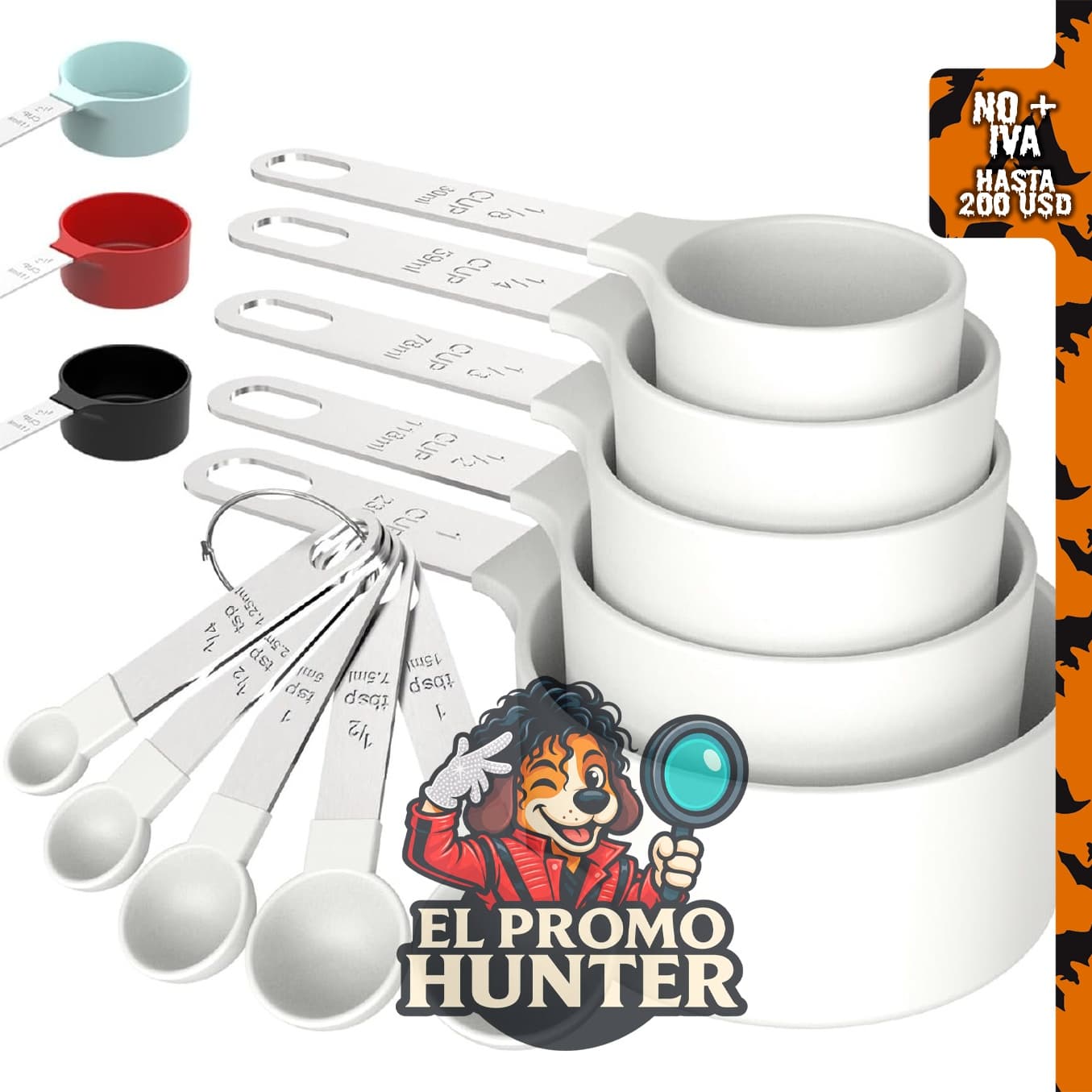 Juego de tazas y cucharas medidoras apilables.