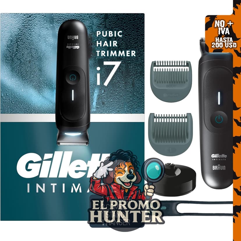 Gillette i7 Intimate - Recortadora de vello púbico impermeable con LED para hombres.