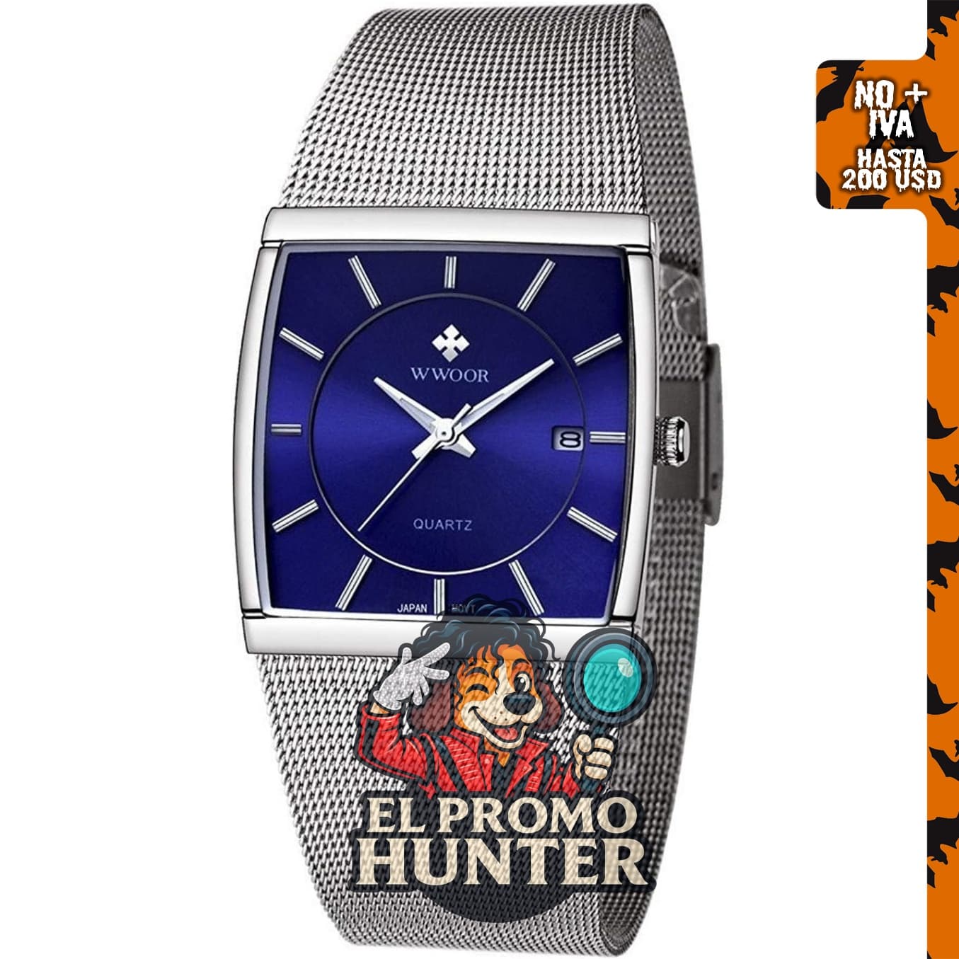 Reloj de cuarzo analógico rectangular para hombre, ultra delgado, de acero inoxidable con banda de malla.