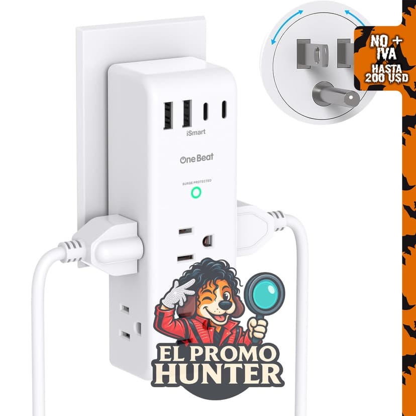 Protector de Sobretensiones Extensor de Toma con 6 Tomas AC y 4 Puertos USB (2 USB C), 1800J.