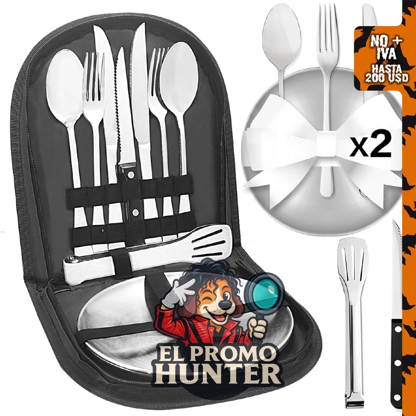 Set de utensilios de camping Cynrikah para 2-4 personas, incluye 11 piezas o 21 piezas con cuchara, plato, tenedor y cuchillo.