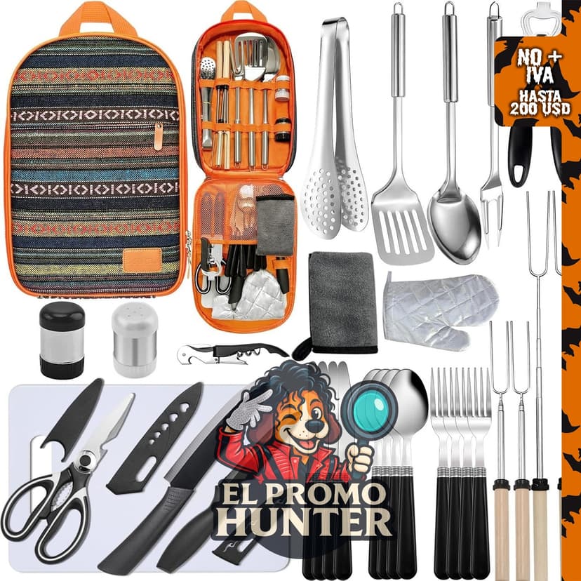 Juego de Utensilios de Cocina para Acampar, incluye elementos esenciales para cocinar y asar en campamento.