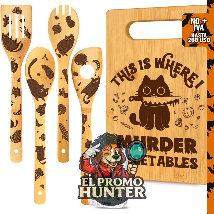 Juego de 6 utensilios de cocina con diseño de gato negro, incluye cucharas y esponja.