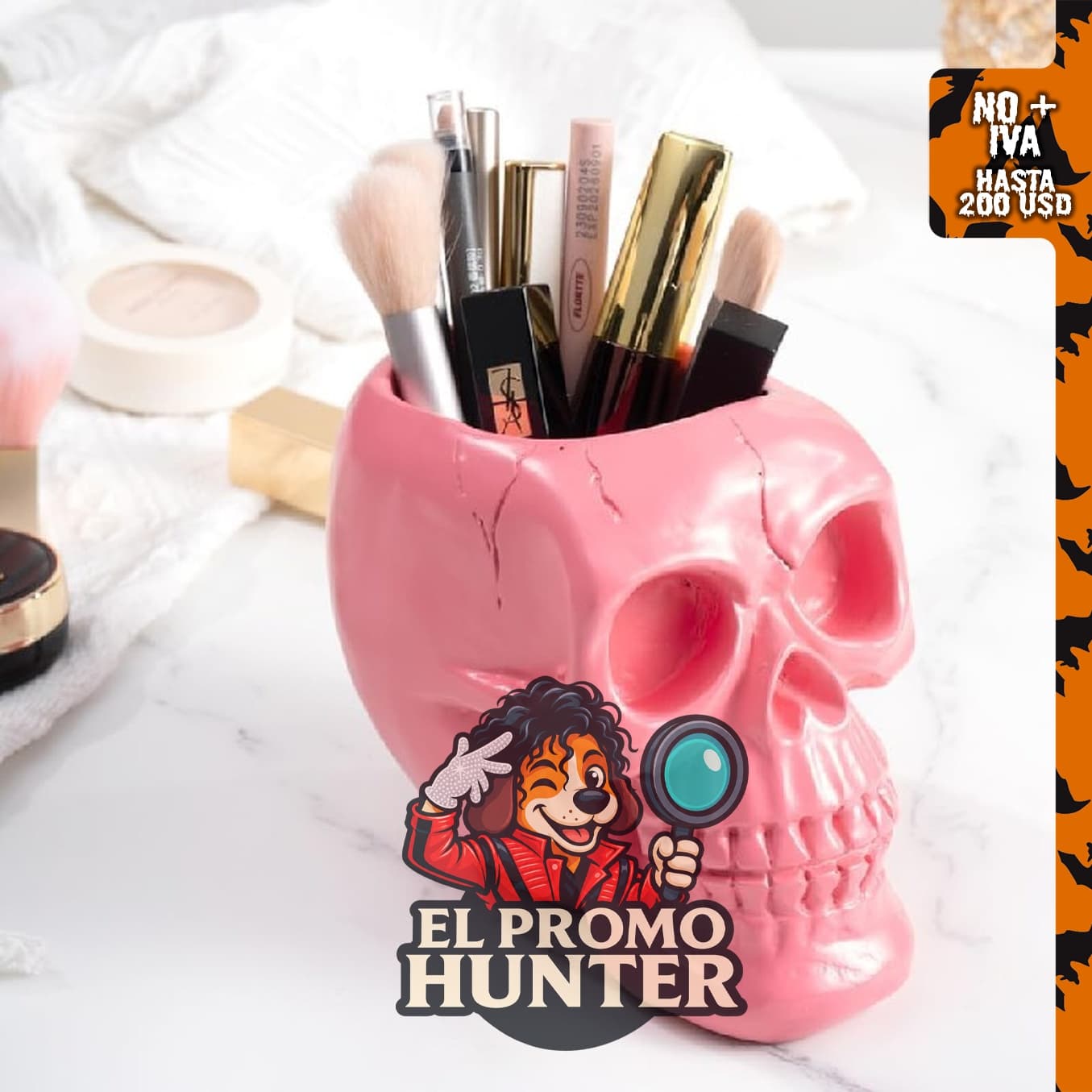 Soporte Arola para bolígrafos, lápices y brochas de maquillaje con diseño de calavera rosa.