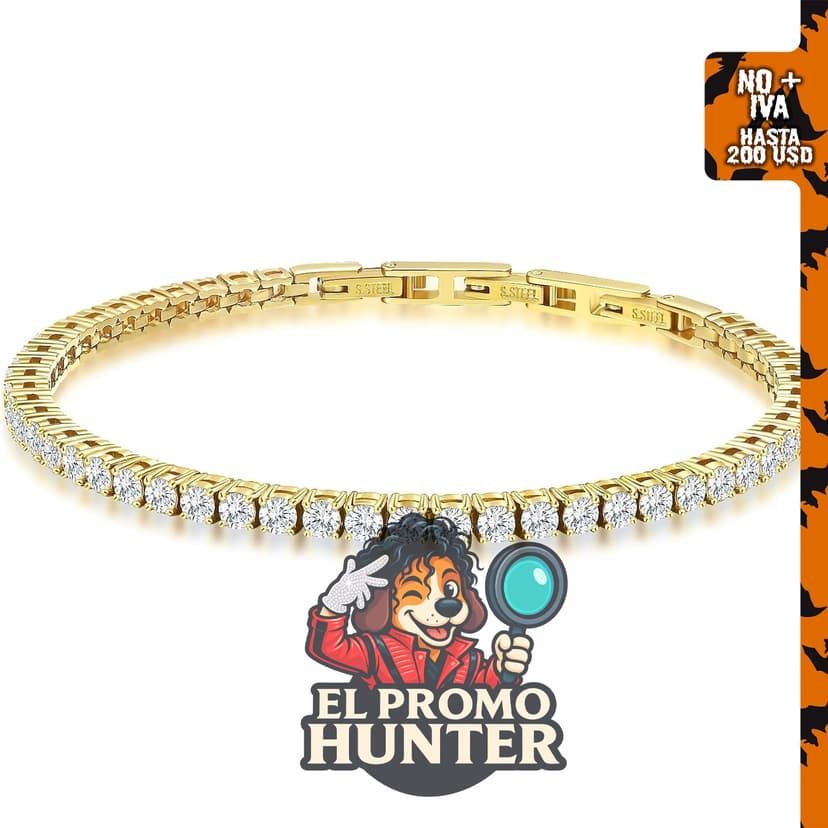 Pulsera de tenis chapada en oro de 14K, con circonita cúbica AAAA+ redonda, ajustable y de acero inoxidable.