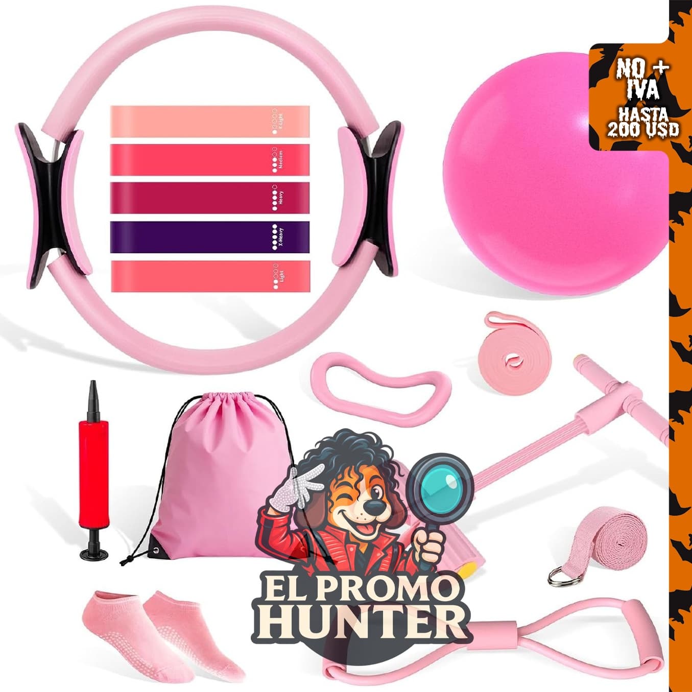 Kit de pilates de 15 piezas con anillo rosa, pelota y bandas de resistencia.