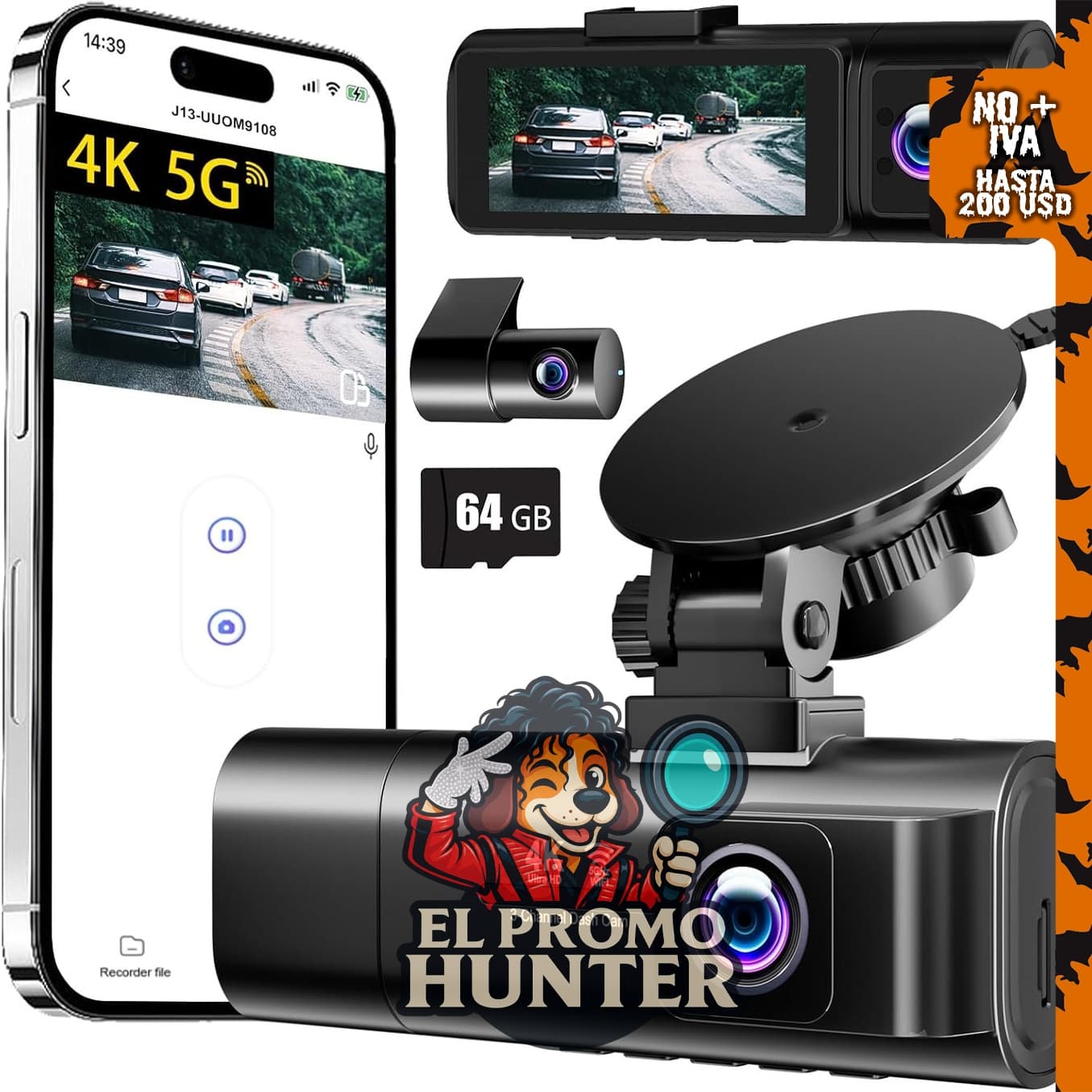 Cámara de tablero 4K delantera y trasera, 3 canales, con WiFi 5G y tarjeta de 64 GB.