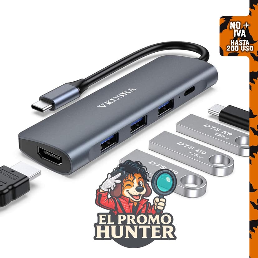 Adaptador multipuerto VKUSRA 5 en 1 USB C con salida 4K HDMI y 3 puertos USB 3.0, compatible con dispositivos tipo C.