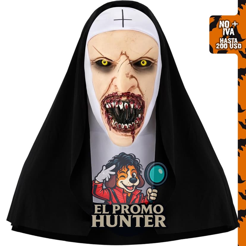 Máscara de monja aterradora de Halloween de Spooktacular Creations, hecha de látex con capucha negra y blanca.