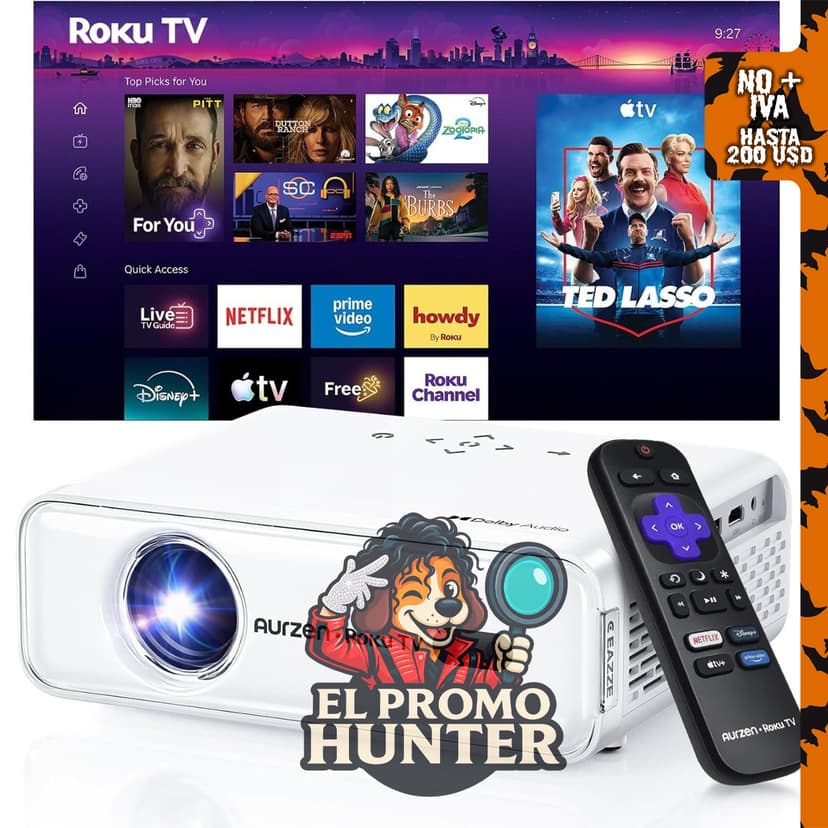 Aurzen Roku TV D1R Proyector portátil inteligente para exteriores con WiFi.