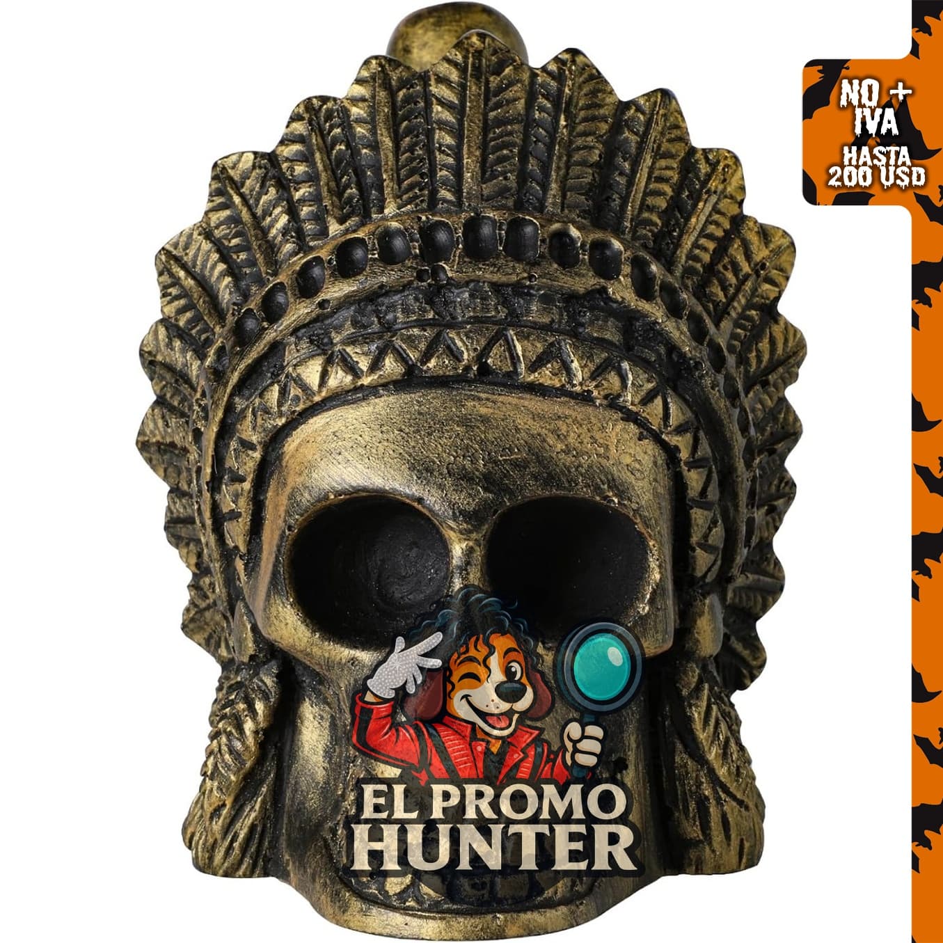 Silbato de muerte azteca con diseño retro de guerra en color cobrizo, emitiendo más de 126 decibelios.