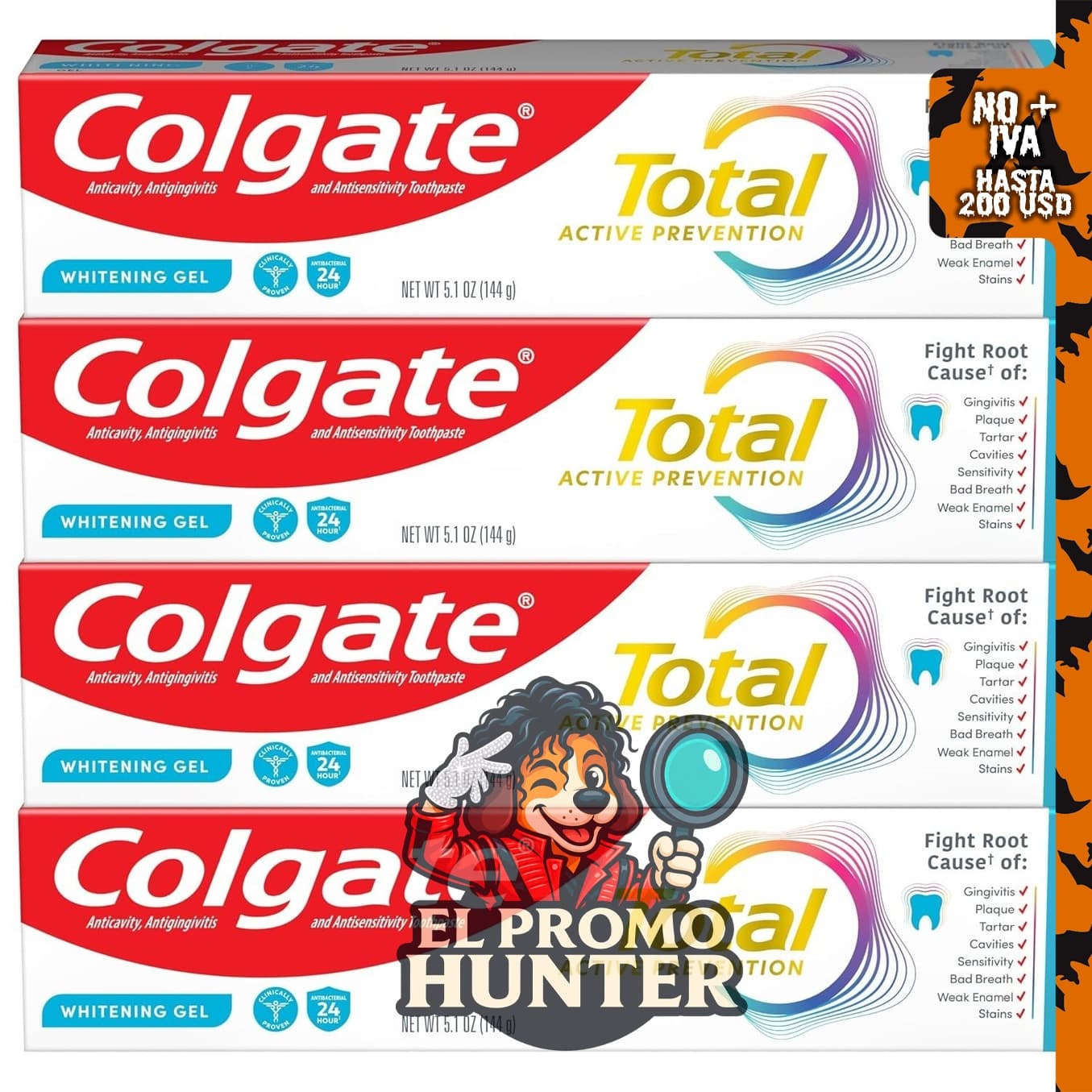 Colgate Total Whitening Gel de pasta de dientes con flúor, paquete de 4.