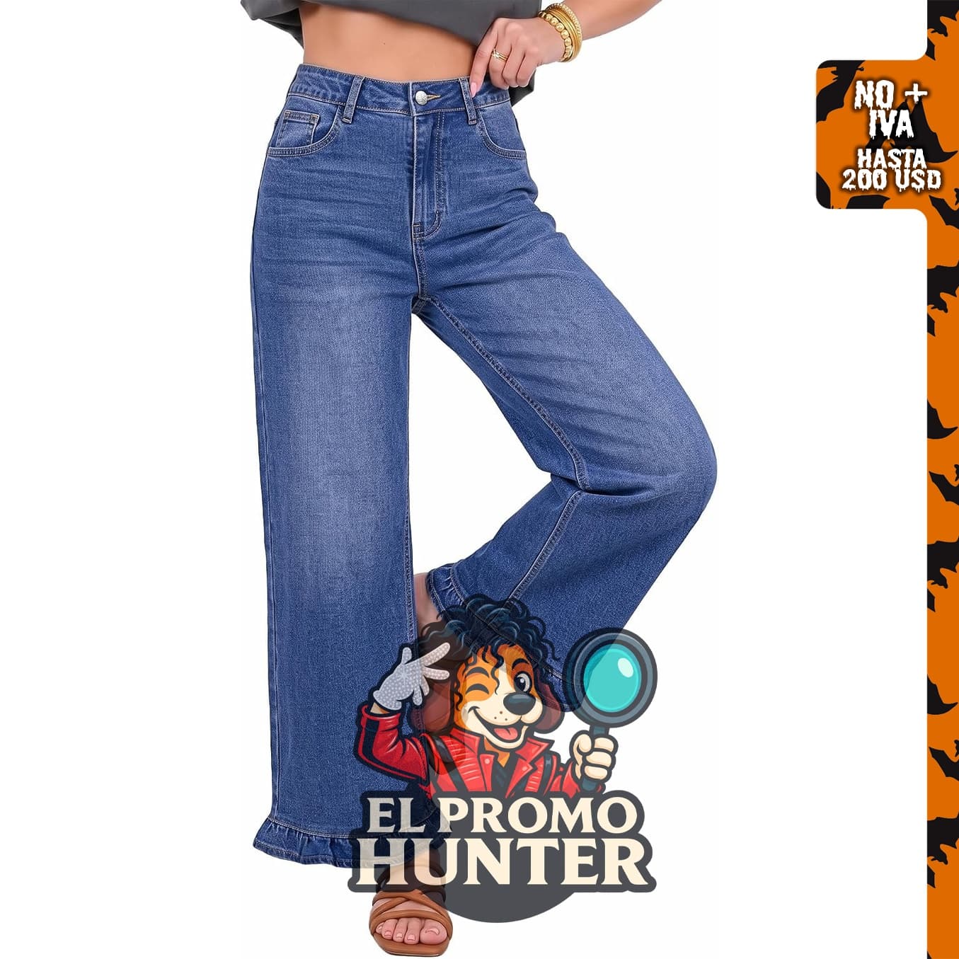 Pantalones de mezclilla de pierna ancha para mujer GRAPENT con dobladillo rizado y cintura alta.