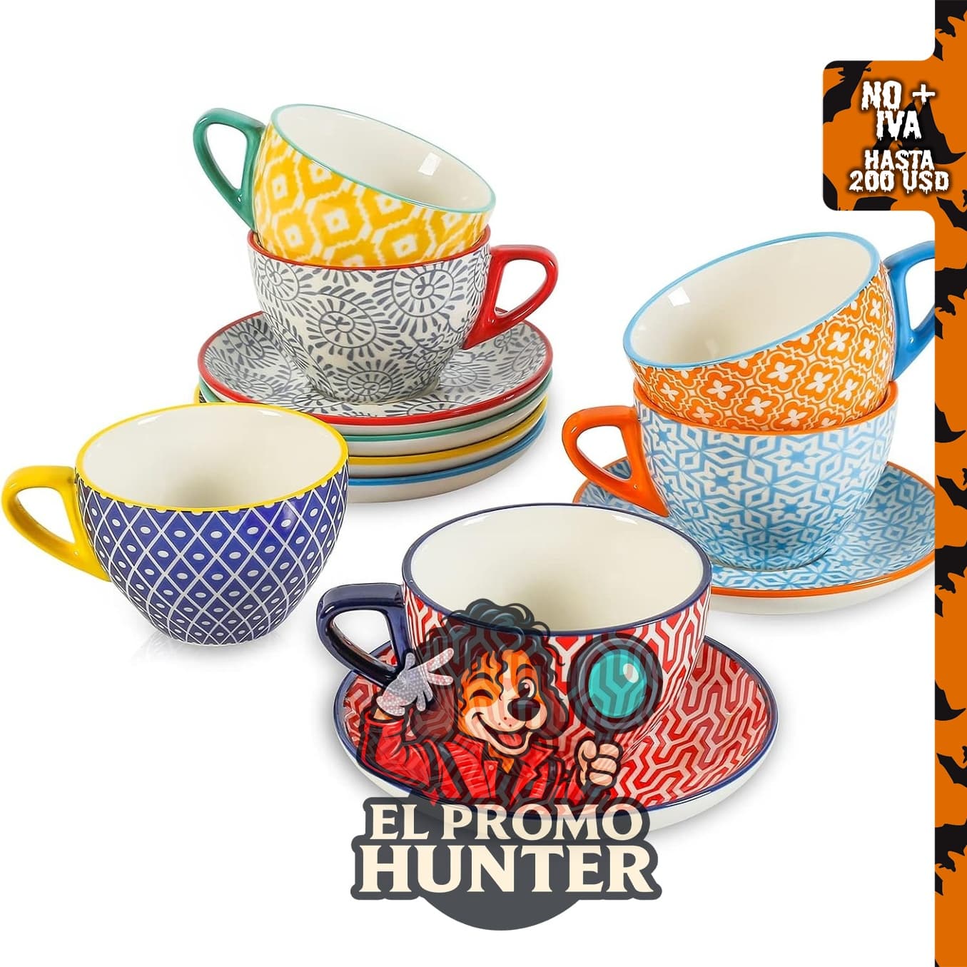 KitchenTour - Juego de 6 tazas y platillos de expreso de 7 oz (207 ml) cada uno, diseño bohemio.