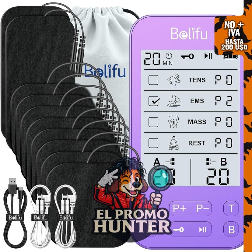 Belifu TENS - Unidad estimuladora muscular portátil con 36 modos y 20 intensidades, recargable.