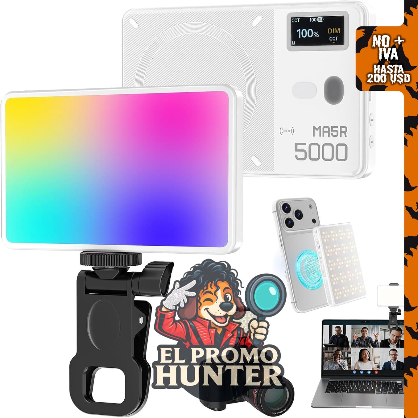 Luz de teléfono para selfie magnética con 140 LED, temperatura de color 1800K-10000K y batería externa de 4900mAh.