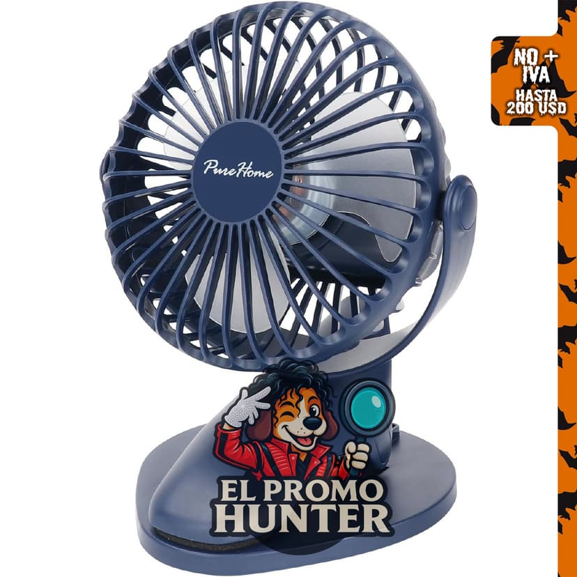 Ventilador de clip portátil PureHome, recargable por USB, 3 velocidades, rotación de 360°.