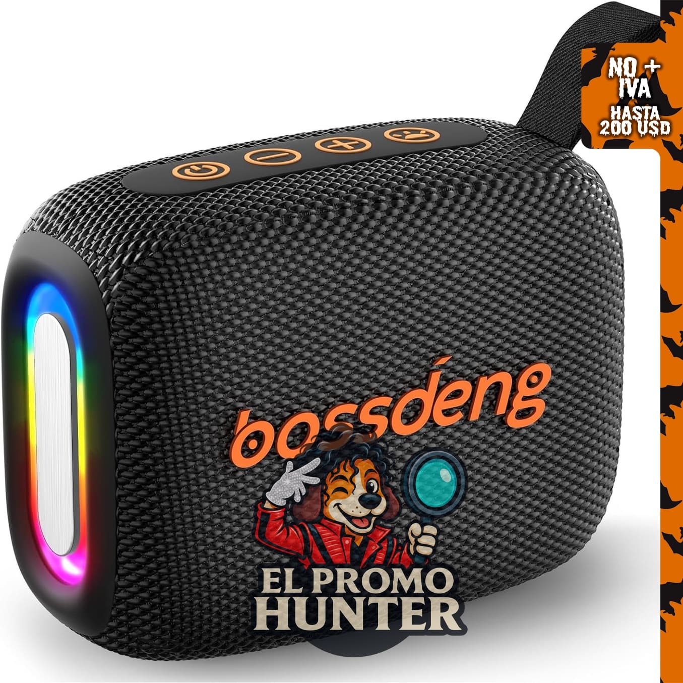 Altavoz Bluetooth portátil impermeable con luces y cordón, negro.