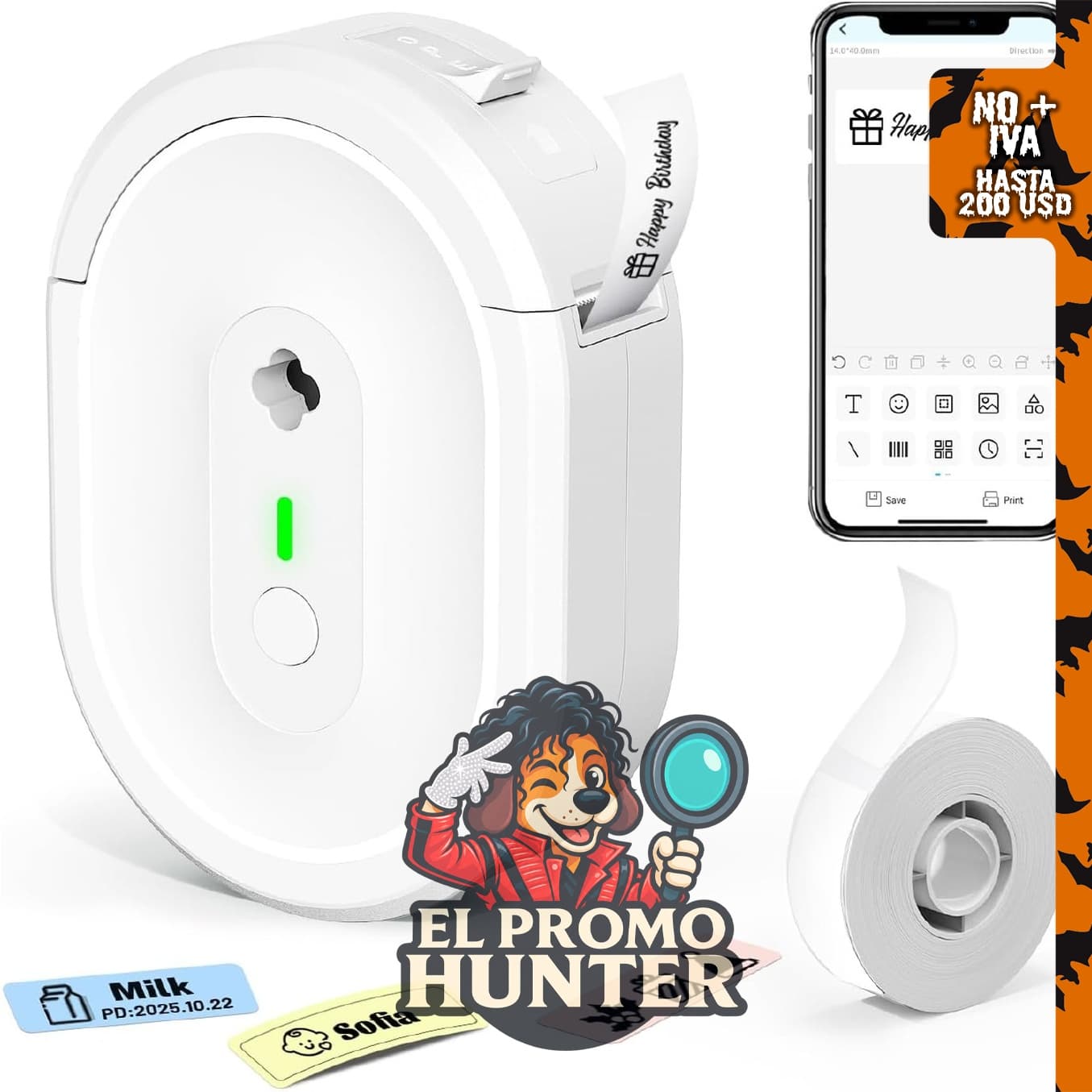 HKHKPI N12 Mini impresora térmica de etiquetas, Bluetooth, color blanco.