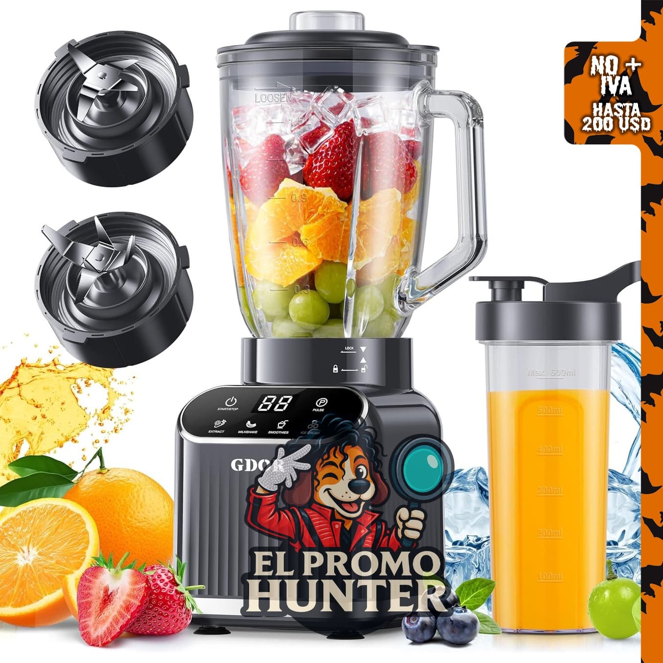 GDOR Smoothie Blender, licuadora de vidrio de 1200W con 5 programas inteligentes.
