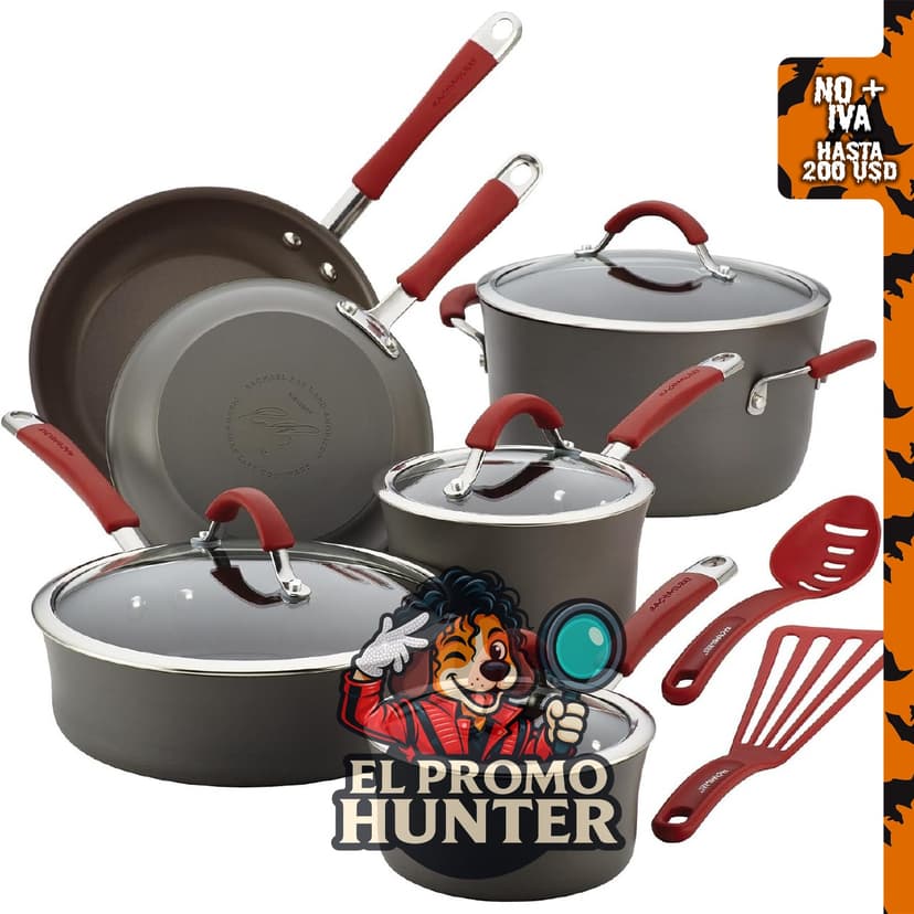 Rachael Ray Cucina Juego de Utensilios de Cocina de 12 piezas, incluye ollas y sartenes antiadherentes anodizadas duras, color gris con asas rojas.