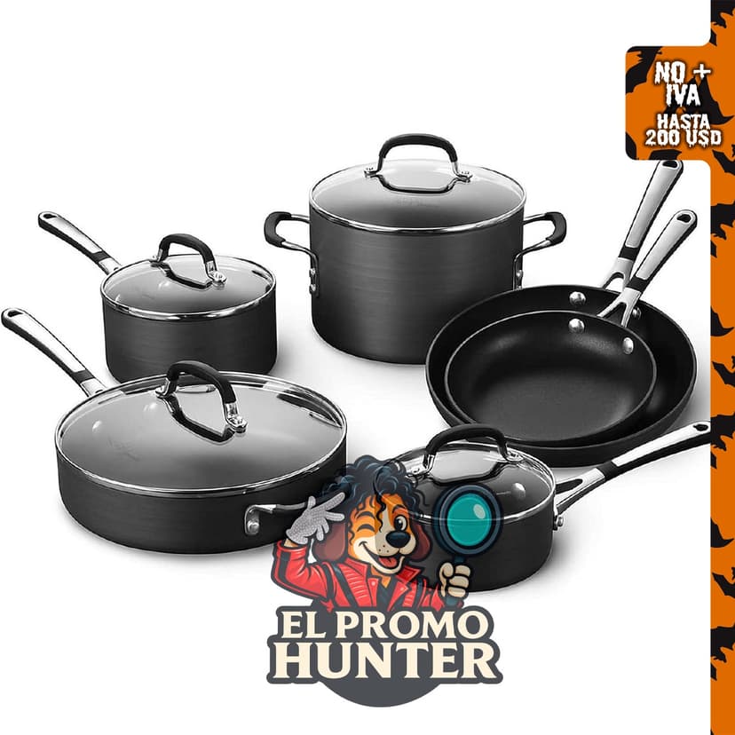 Calphalon Juego de utensilios de cocina antiadherentes de 10 piezas, incluye ollas y sartenes de aluminio anodizado duro.