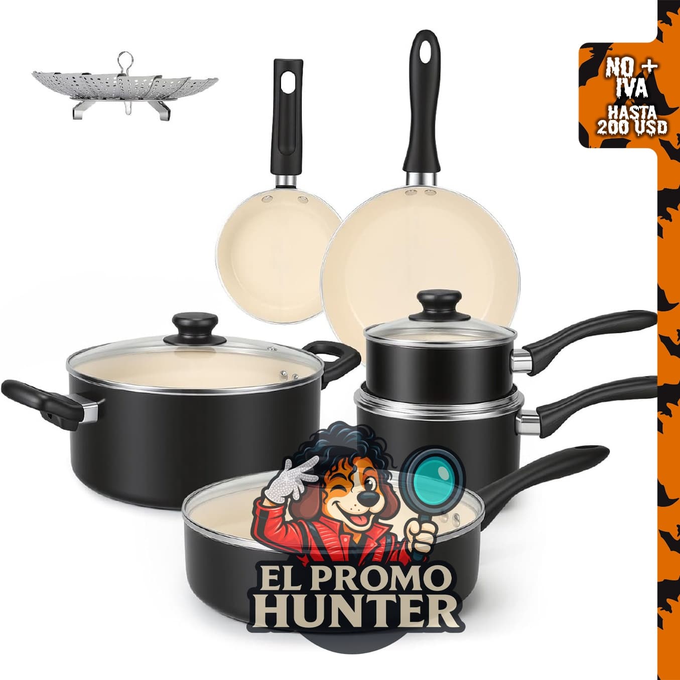 Amazon Basics Juego de ollas y sartenes antiadherentes de cerámica de 11 piezas, apto para lavavajillas y horno.