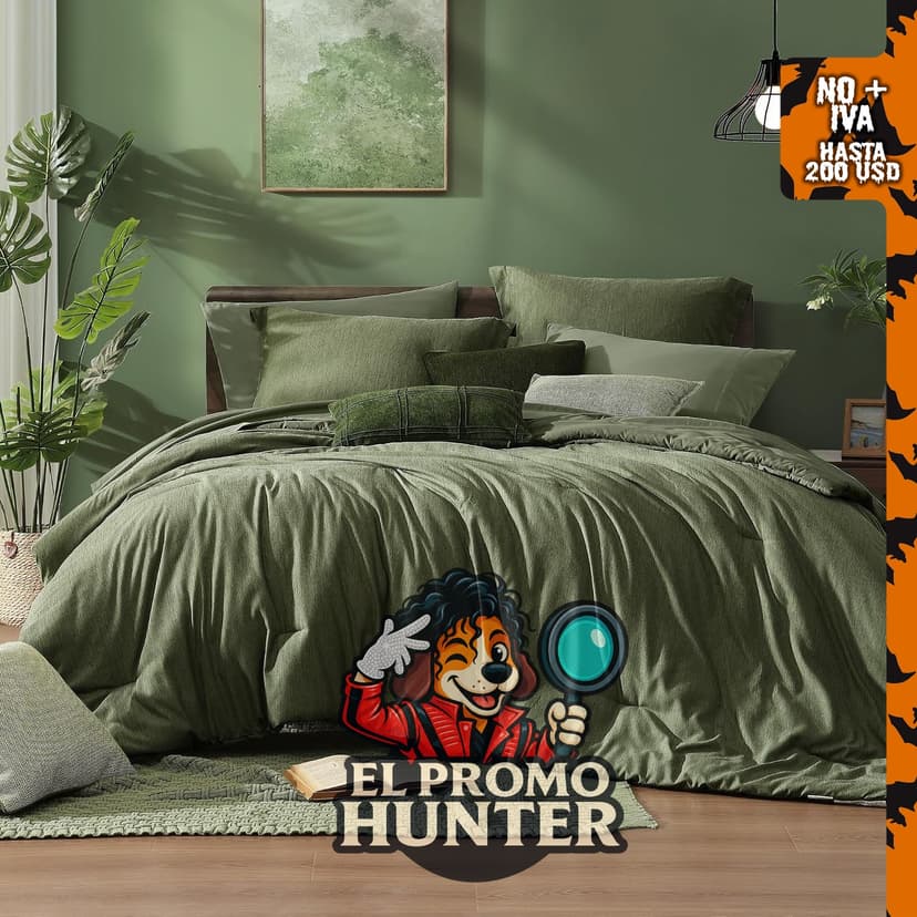 Monbix Queen Comforter Set 7 piezas cationic verde, incluye edredón y fundas.