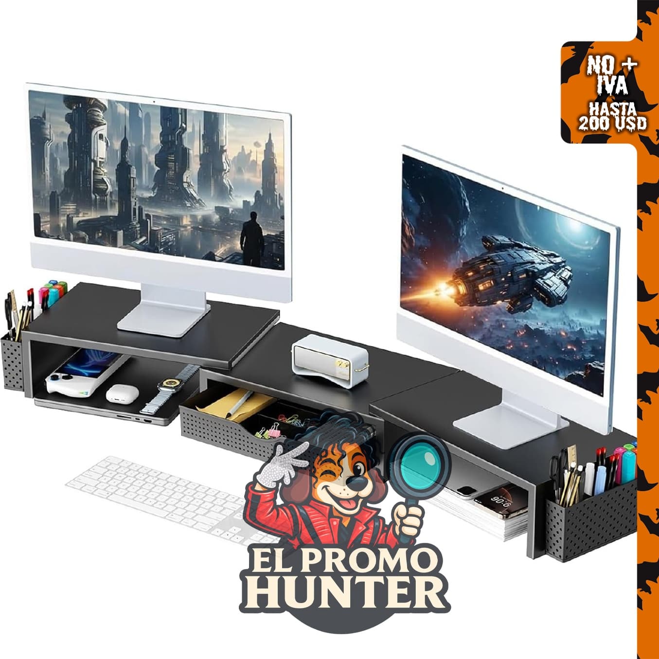 Soporte elevador para monitor dual Gianotter, organizador de escritorio con cajón y 2 portaplumas, color negro.