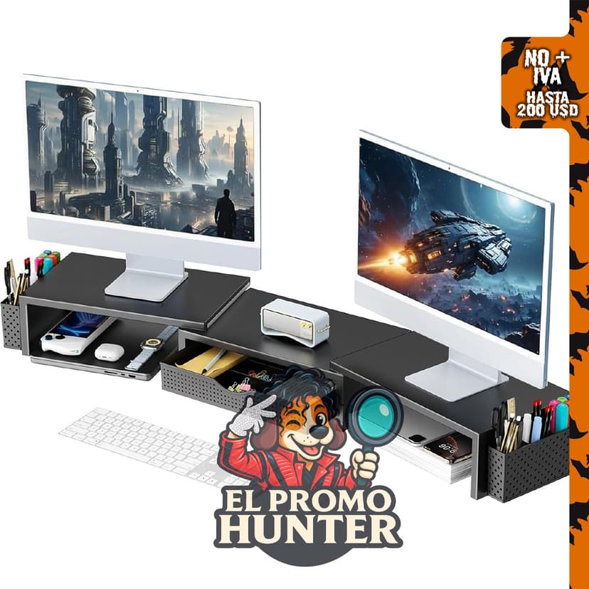 Soporte elevador para monitor dual Gianotter, organizador de escritorio con cajón y 2 portaplumas, color negro.